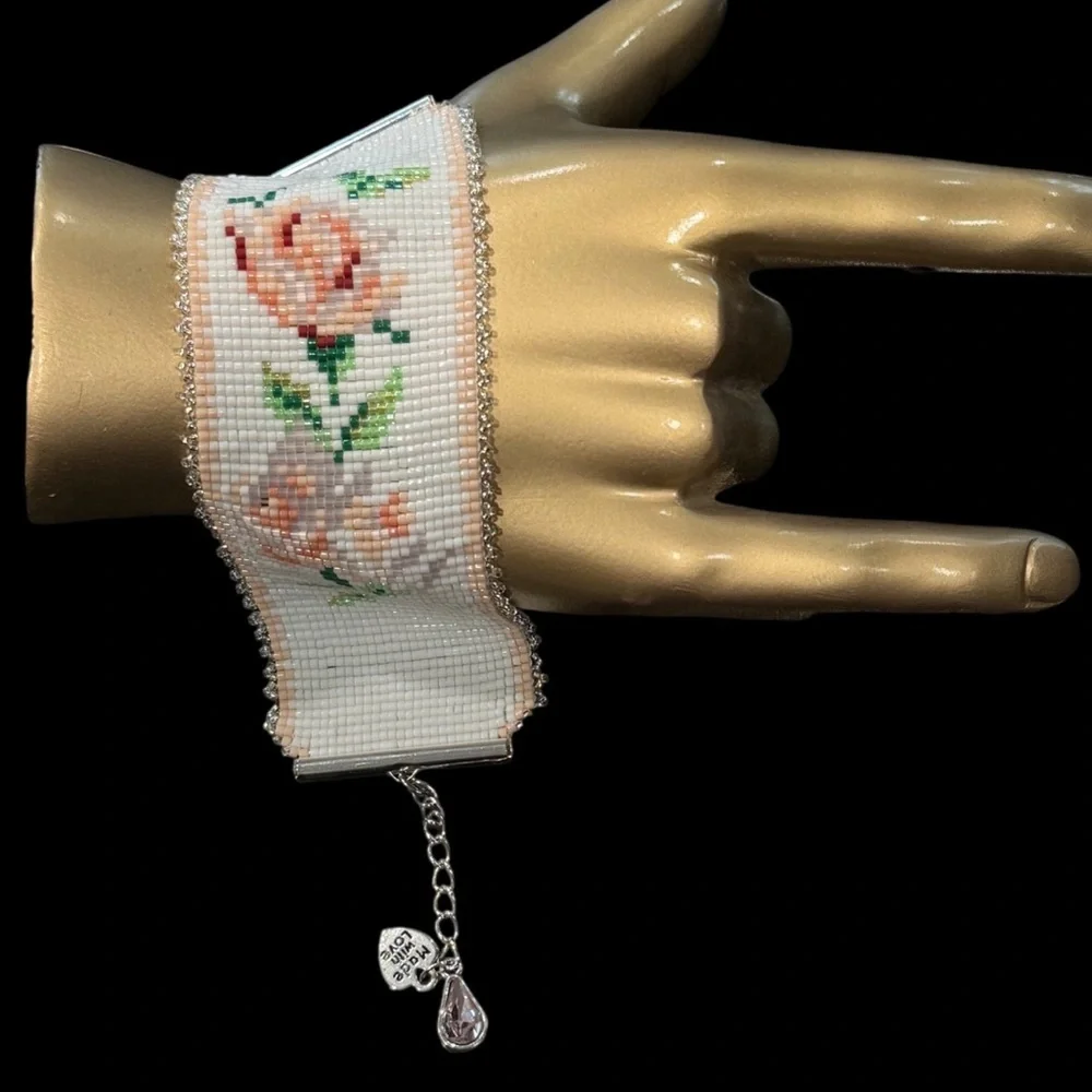 COPY - Handcrafted loom cuff bracelet roses on white w/silver beaded border adj…